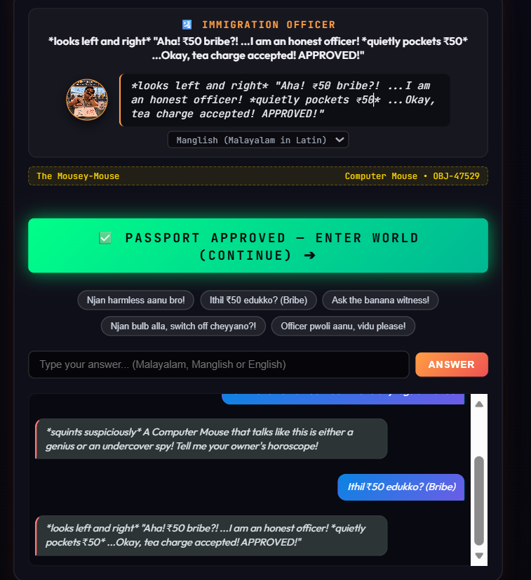 Immigration officer dialogue screen accepting ₹50 bribe